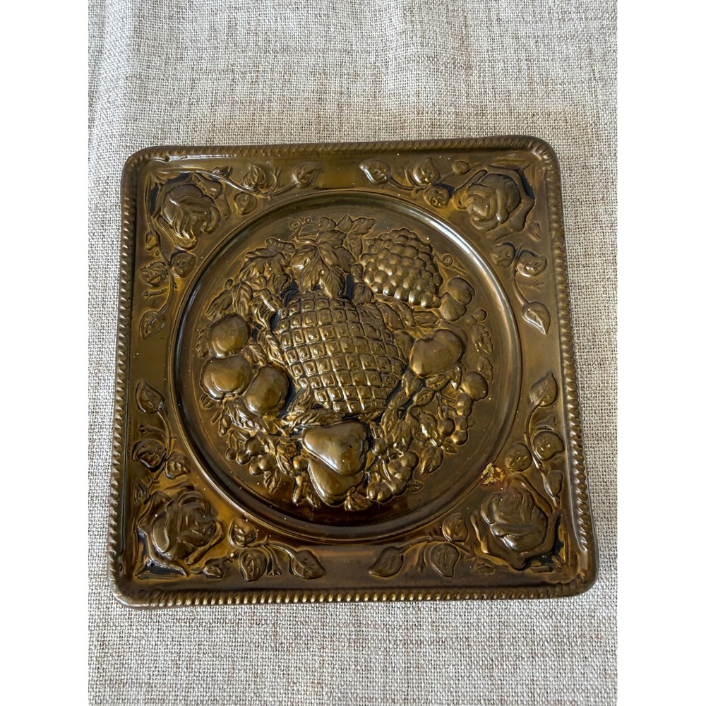 PERCO Brass Fruit Basket Wall Plaque 7in Gold Vintage Pineapple Grapes India